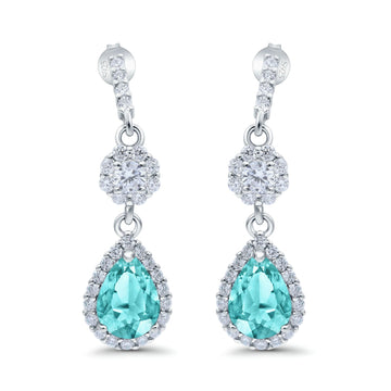 Halo Dangle & Drop Earrings Pear Simulated Paraiba Tourmaline CZ 925 Sterling Silver